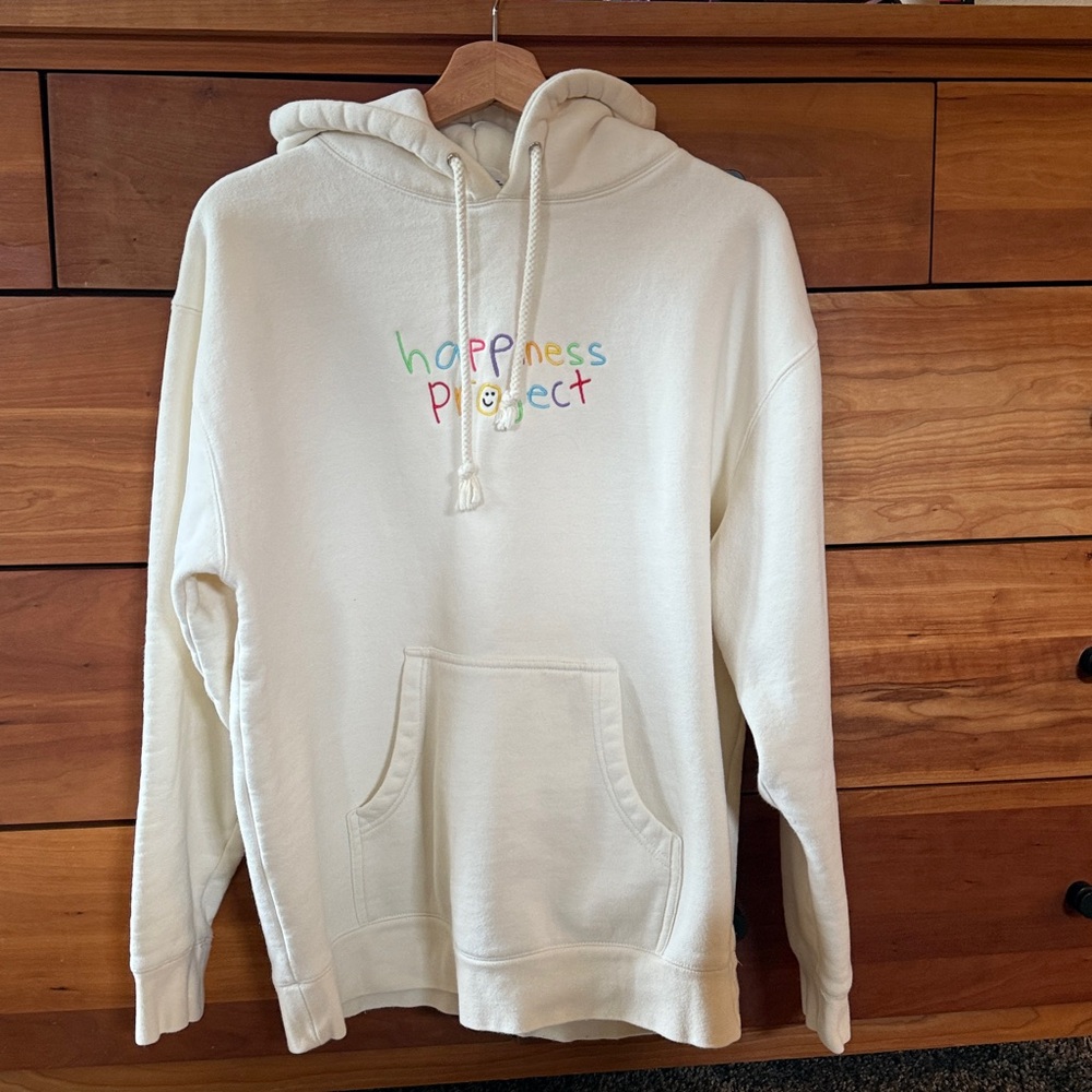 Happiness Project Cream Hoodie with Colorful Text Unisex Size Large